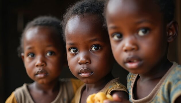 Three young African children with dark skin and curious eyes look forward. One child holds yellow food item. Their simple clothing suggests humble living conditions.