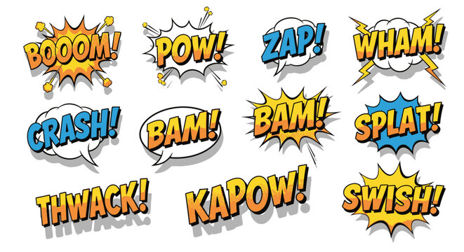 Colorful comic book speech bubbles with onomatopoeia sound effects