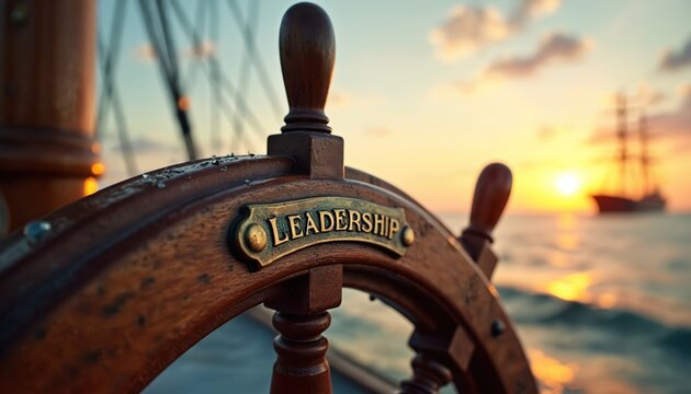 Ship wheel with leadership nameplate. Old wooden helm guides sailing vessel on ocean at sunset. Captain directs boat towards horizon, inspiring journey.