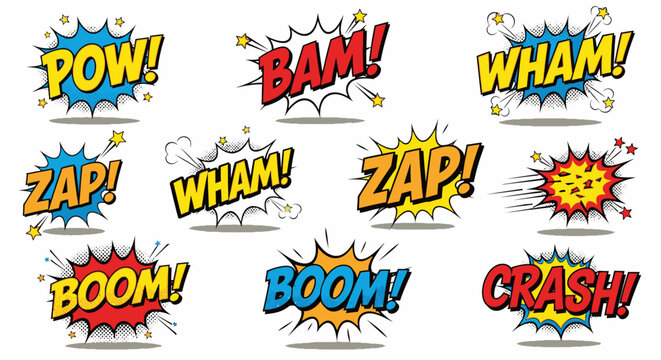 Colorful retro comic book sound effect speech bubbles set