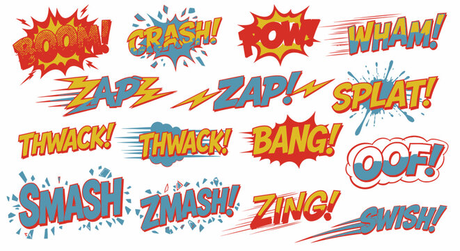Comic book action sound effect bubbles on white background