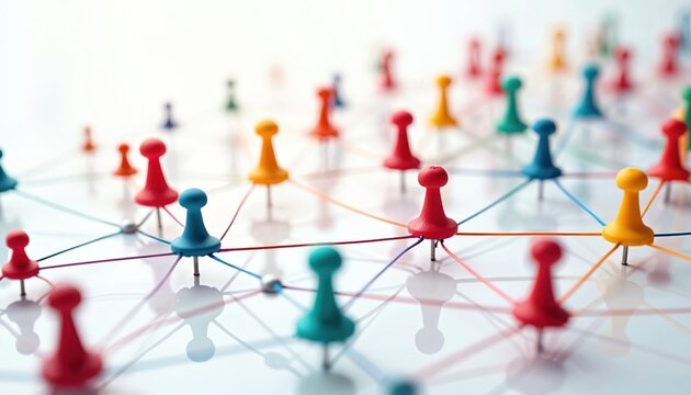Colorful pins connect in abstract network pattern. Lines link dots creating a web of relationships. Concept for ideas, data, and communication flow.