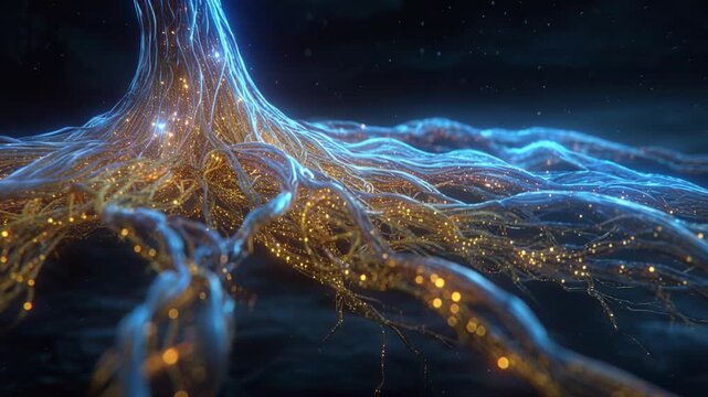Abstract glowing root system spreading across a dark surface, transmitting gold and blue light. Digital network, life energy, futuristic science.