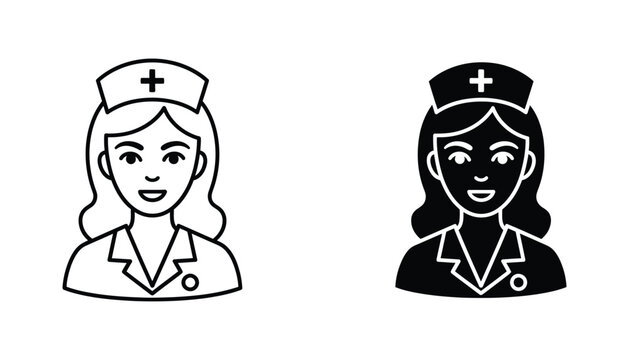 Professional nurse character icon set featuring smiling medical professional in uniform with hat in thin line and solid black fill styles