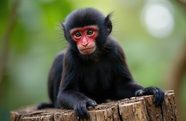 Fototapeta premium Young red-faced spider monkey sits on tree stump. Black furred primate has bright red face and curious eyes. Wildlife animal rests in jungle environment with blurred green background.
