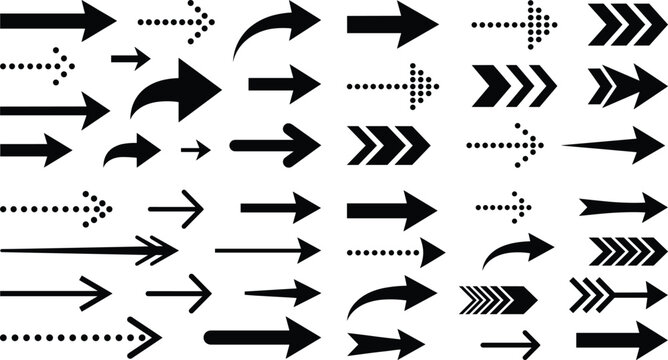 Collection of arrow icons set with different styles, directions and shapes for navigation, UI design elements isolated on white background