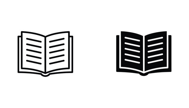Open book icon set for education and literature projects in line and solid black styles for web and print media design