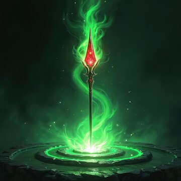 Ornate spear with glowing red gem tip pierces dark ground. Green magical flames erupt from base creating ripples. Mystical energy emanates, dark fantasy power unleashed, concept art style.