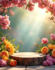 Obraz premium Wooden podium surrounded by colorful blooming flowers. This natural display area is perfect for showcasing beauty products, cosmetics, or spring themed items. Light streams through soft green foliage.