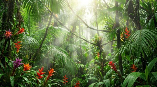 Sunbeams Through Tropical Rainforest Canopy with Vibrant Exotic Bromeliads