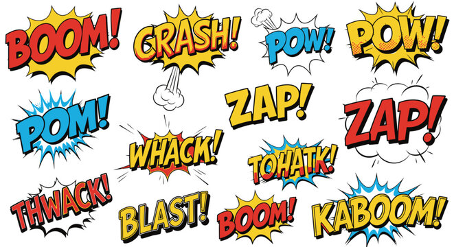 Comic book sound effect bubbles set on white background