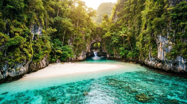 Tropical Hidden Lagoon with Waterfall and Limestone Cliffs in Thailand