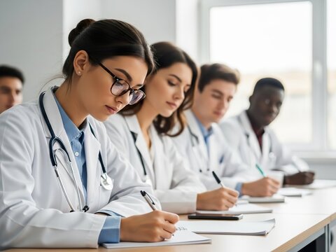 Diverse group of medical students in white coats attending a lecture