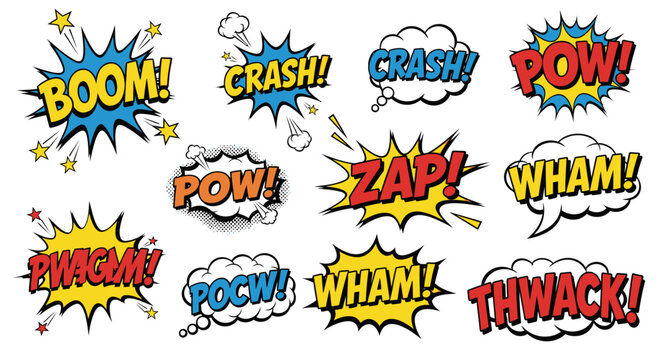 Comic book sound effect bubbles with action onomatopoeia text