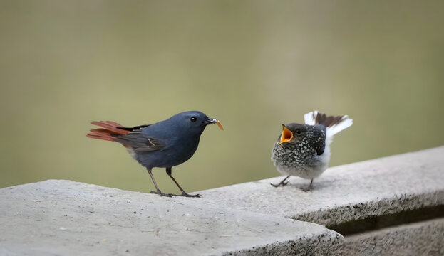 Male Blue-fronted Redstart feeding a worm to its hungry juvenile on a concrete ledge with a blurred green background
