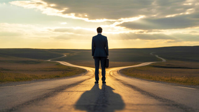 Businessman Standing at a Fork in the Road at Sunset Representing Career Choice and Future Decision Making