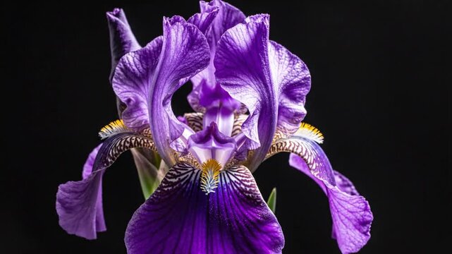 Purple iris flower blooming on black background, elegant violet petals with yellow details, macro botanical floral time lapse for nature documentaries