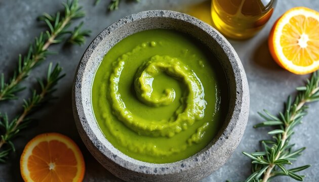 Vibrant green mojo sauce swirl in rustic bowl with orange slices and rosemary sprigs. Olive oil bottle nearby suggests fresh ingredients for authentic canarian cuisine.