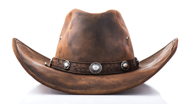 Brown leather cowboy hat with decorative band for educational projects and academic promotions