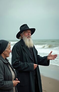 Elderly amish couple stands on beach talking. Man in hat gestures while woman listens. They wear dark plain clothes. Ocean waves crash behind them. Rural faith lifestyle interaction.