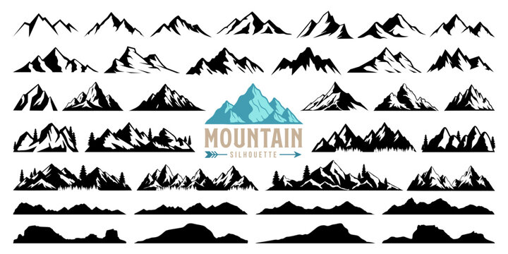 Mountain silhouette set with christmas or pine tree for summer holiday travel business. Hiking hill peak, camping, rain forest and nature icon or logo. Mountain line art, symbol and sticker background