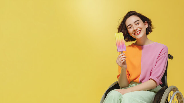 A woman in a wheelchair holding a popsicle, happiness and joy on yellow background