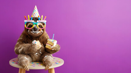 Fototapeta premium Funny Sloth in Birthday Hat and Sunglasses Catching Cake with Tongue Banner with Copy Space