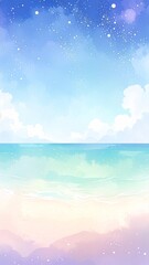 Fototapeta premium 星空と夕焼けが混ざり合うファンタジー風なパステルカラーの幻想的な海と砂浜の背景イラスト