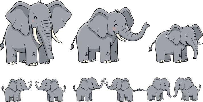 Collection of Elephant and Elephant Calf Designs, Featuring Various Poses, Playful Interactions, and Family Bonding Moments