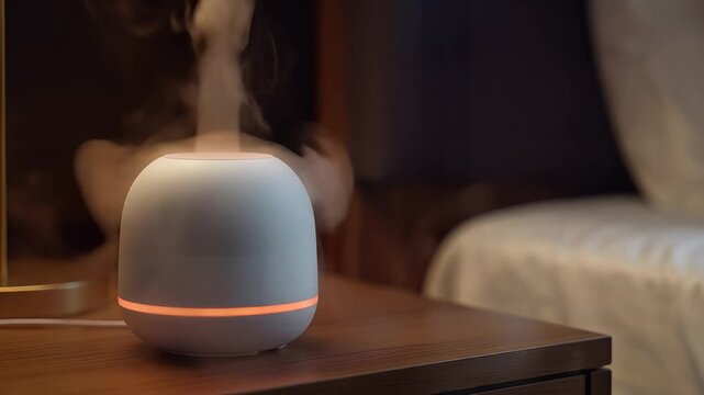 A small white aroma diffuser working on a wooden bedside table.