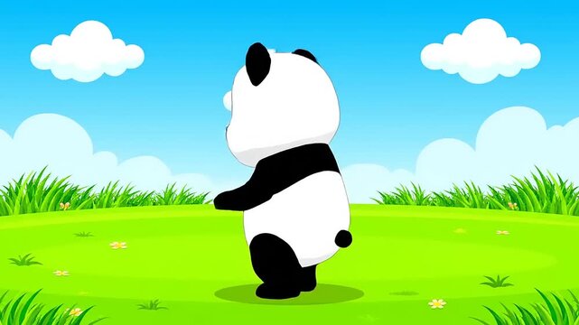 Cute cartoon panda bear standing in a green grassy field with blue sky and clouds overhead, a charming animation