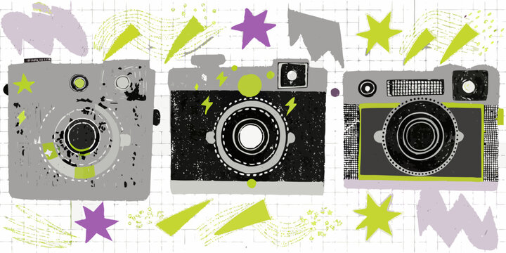 Stylized illustration featuring three vintage cameras and colorful abstract shapes