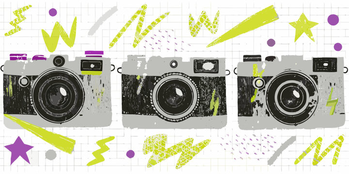 Retro cameras with abstract shapes and vibrant color accents