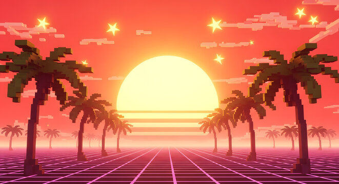 Retro pixel art sunset with palm trees on digital grid