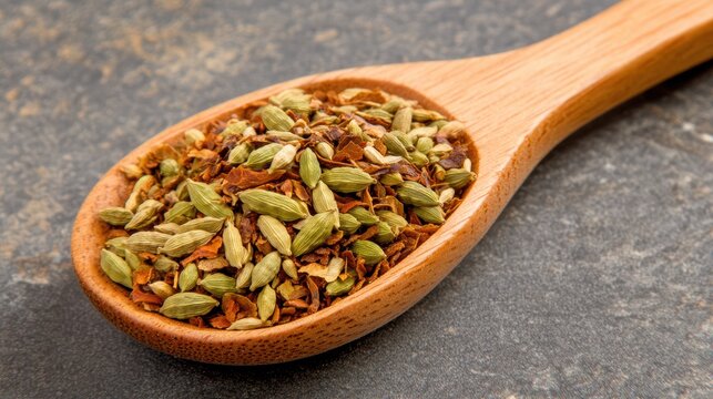 A wooden spoon filled with aromatic spices.