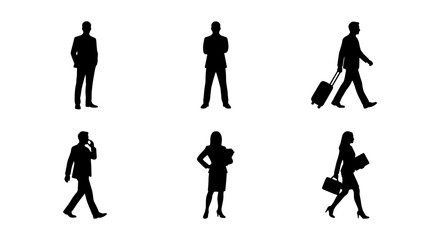 Fototapeta premium Business people silhouettes walking and standing, Set of male and female business silhouettes standing, walking, carrying luggage, and using phones for corporate commuting concepts.