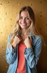 Fototapeta premium Young blonde woman smiles, wearing a denim jacket over an orange top. She stands against a textured gold background. Her casual style suits lifestyle or portrait themes.