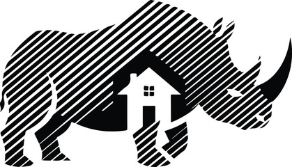 Abstract rhino logo design with a negative space house icon. © Siti