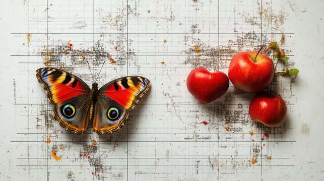 A bright butterfly spreads its wings near three red apples on a worn surface