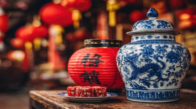 Traditional chinese porcelain vase and red lantern with mooncakes on wooden table