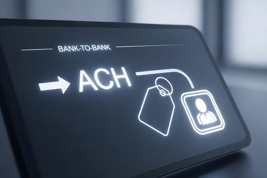 Bank-to-bank ACH transfer on a digital screen with a glowing arrow and profile icon, a modern representation for secure financial services and online payment systems.