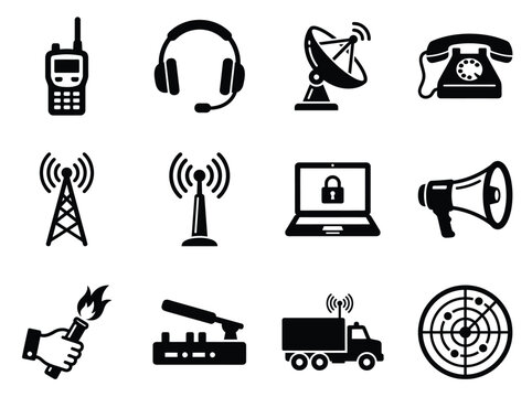Military communication and signal systems solid icon set with radio, antenna, radar, and cyber security