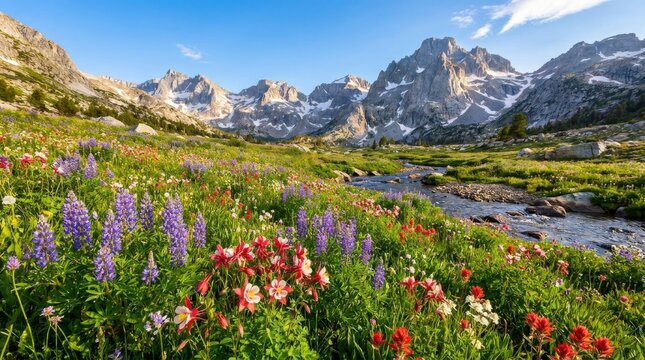Stunning Summer Wildflower Meadow with Stream and Snowy Mountains in Ansel Adams Wilderness