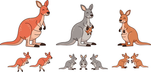 Collection of Kangaroo and Joey Designs, Featuring Different Poses, Fur Colors, and Family Interactions © MstJuli