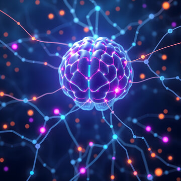 Cervello digitale luminoso in una rete neurale astratta, concetto di intelligenza artificiale e machine learning, rendering 3D