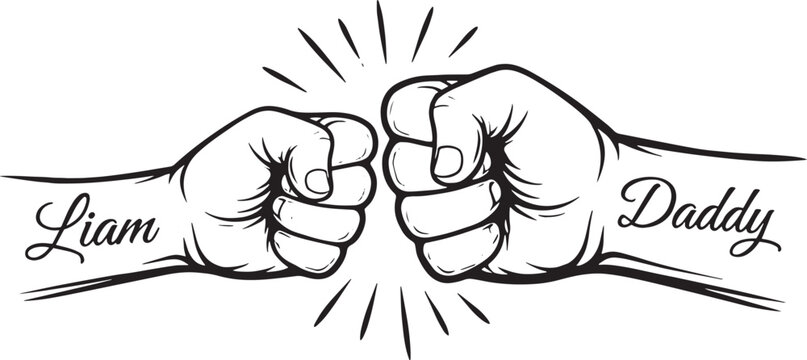 Father and Son Fist Bump Line Art with Names, Daddy and Liam Family Bond Illustration