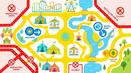 Obraz premium Amusement Park Map with Attractions and Zones.