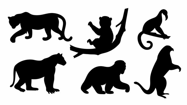 Collection of diverse jungle animal silhouettes including a panther monkey parrot and bear depicted in dynamic poses on a clean white background perfect for educational and design