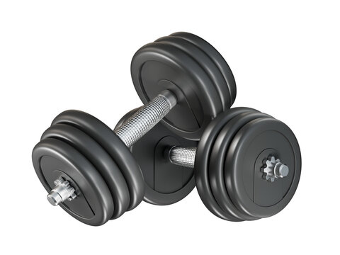 Pair of black metallic dumbbells is isolated on a transparent background.