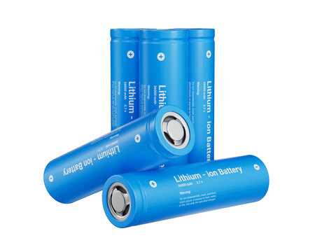 5-piece blue rechargeable lithium-ion battery set on a transparent background. Type 18650 lithium-ion battery.
